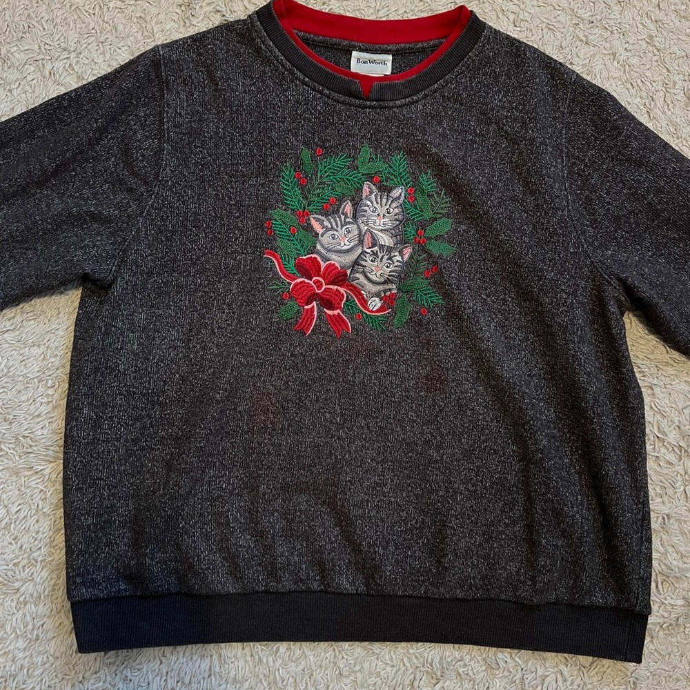 Bon Worth Charcoal Gray Cats Embroidered Sweater with Red Collar